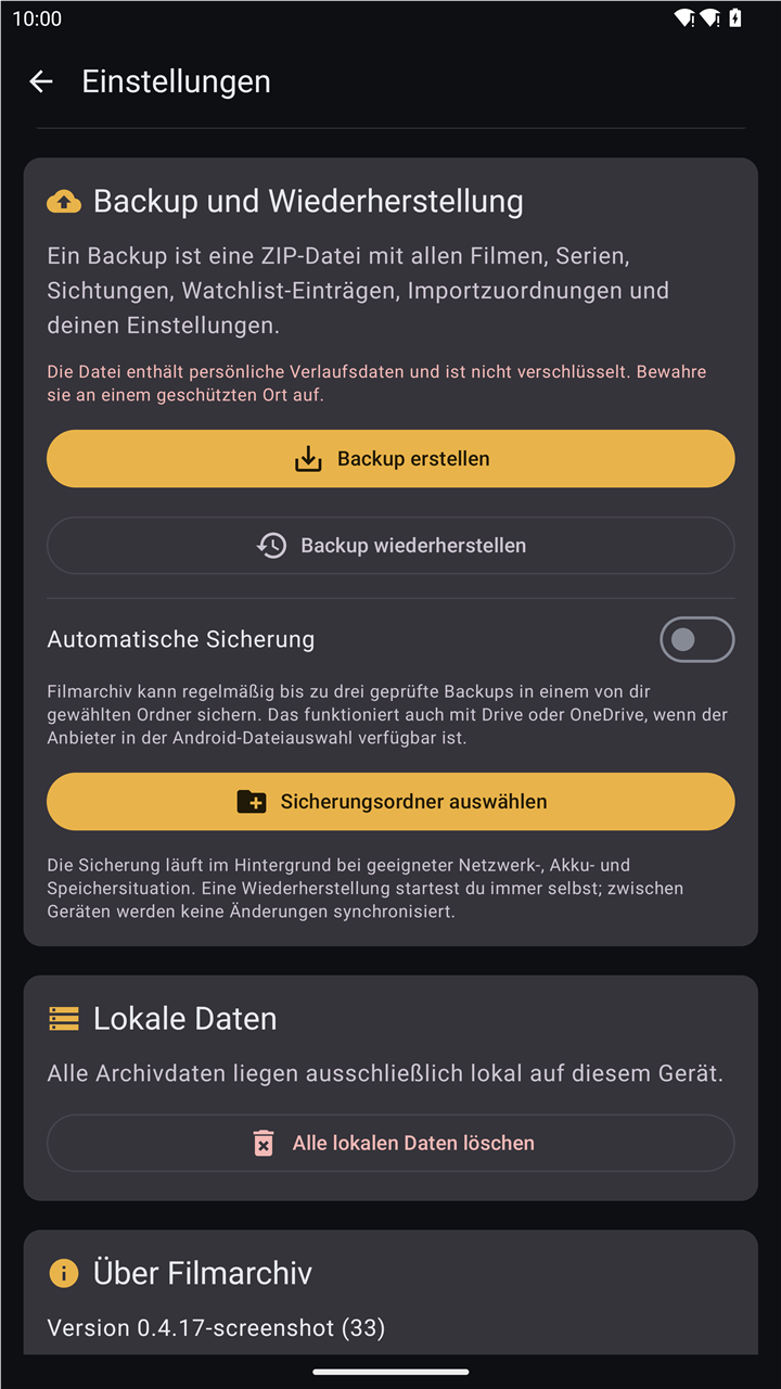 Filmarchiv-Einstellungen für Backup und lokale Daten