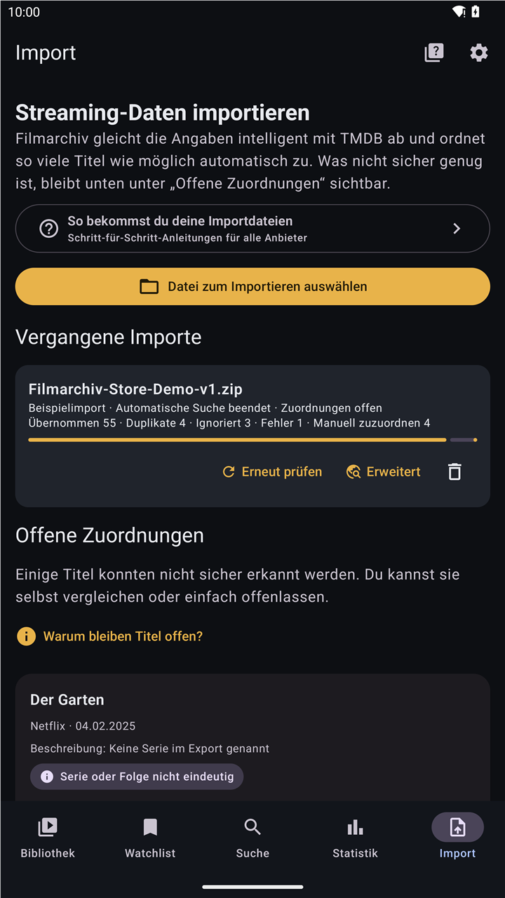 Filmarchiv-Importübersicht mit automatisch übernommenen Einträgen